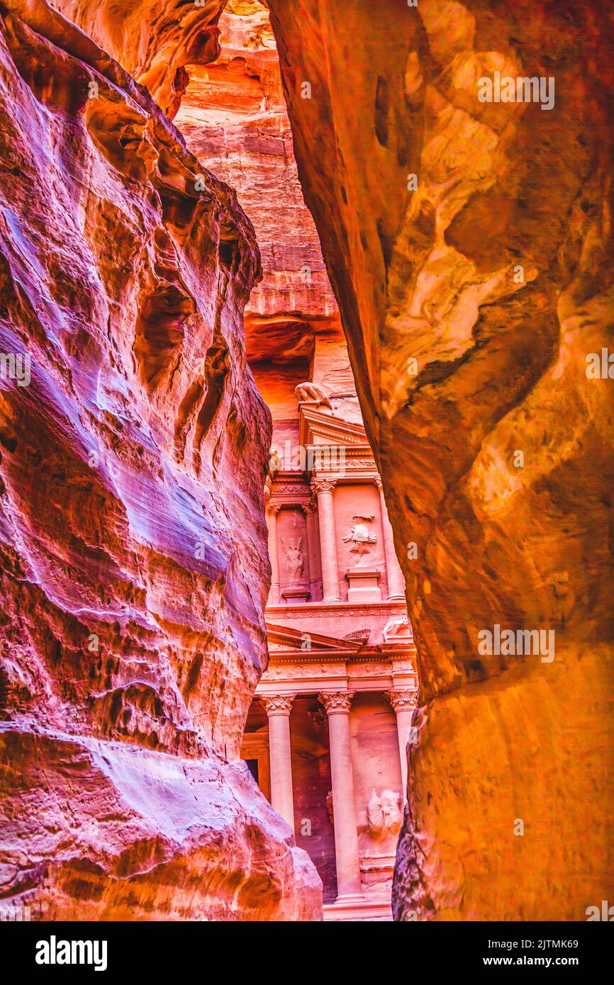 Outer Siq Rose Red Pink Treasury Afternoon Petra Jordan Petra Jordan Built by Nabataens in 100 BC Yellow Canyon becomes rose red when sun goes down Stock Photo