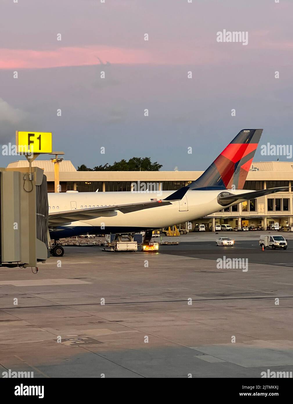 Delta Airlines aircraft park at the gate at Honolulu International