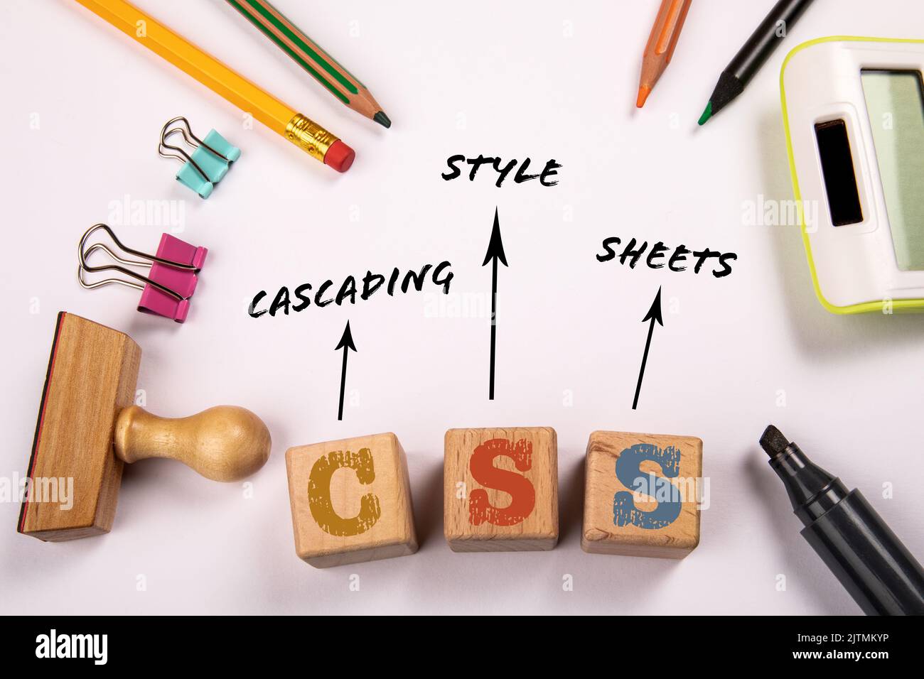 CSS - Cascading Style Sheets. Text on a white office table. Stock Photo