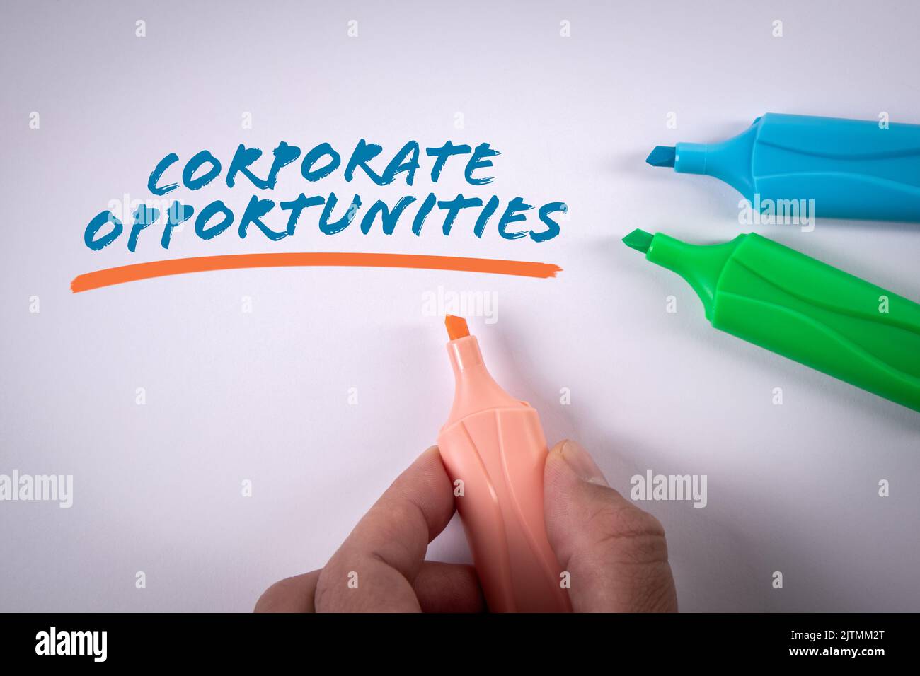 CORPORATE OPPORTUNITIES. Colored markers on a white background. Stock Photo