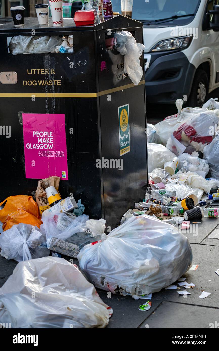 GLASGOW , SCOTLAND 31ST AUGUST 2022, RUBBISH PILES HIGH ACROSS GLASGOW