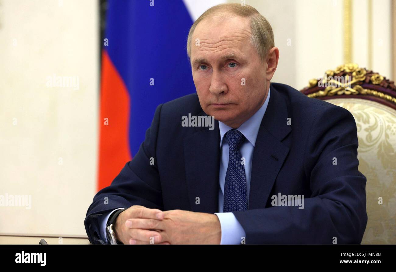 Moscow, Russia. 31st Aug, 2022. Russian President Vladimir Putin chairs a teleconference with federal government members, from the Kremlin, August 31, 2022 in Moscow, Russia. Credit: Gavriil Grigorov/Kremlin Pool/Alamy Live News Stock Photo