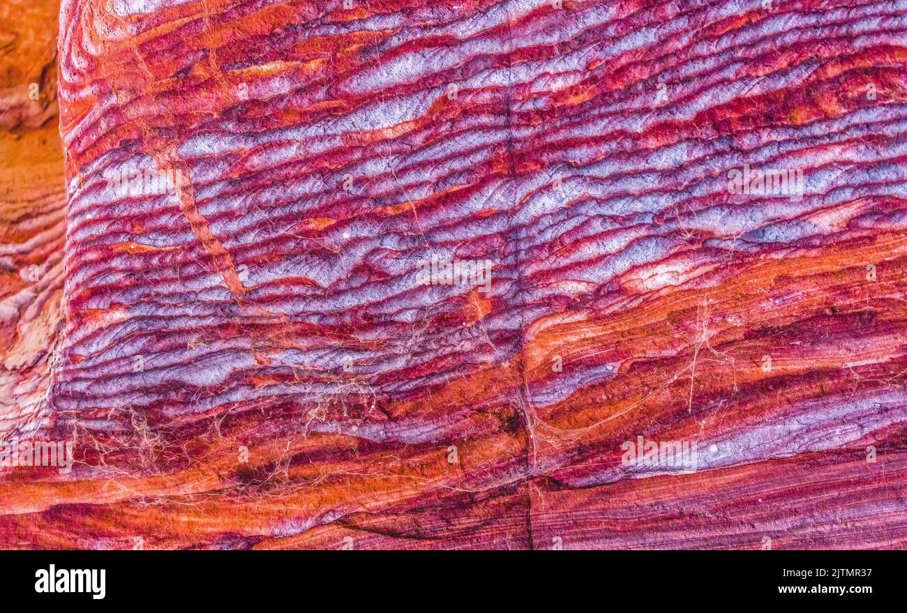 Red White Blue Yellow Rock Abstract Petra Jordan Built by  Nabataens in 200 BC to 400 AD Canyon walls create many colorful abstracts close up Reds fro Stock Photo