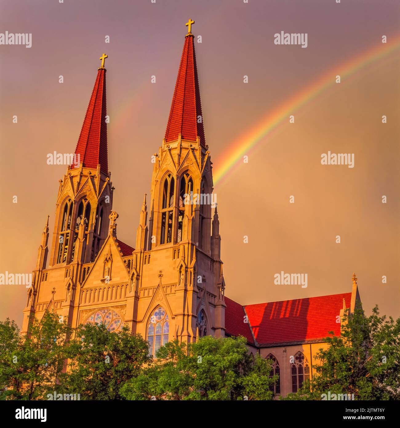 rainbow over the cathedral of saint helena at helena, montana Stock