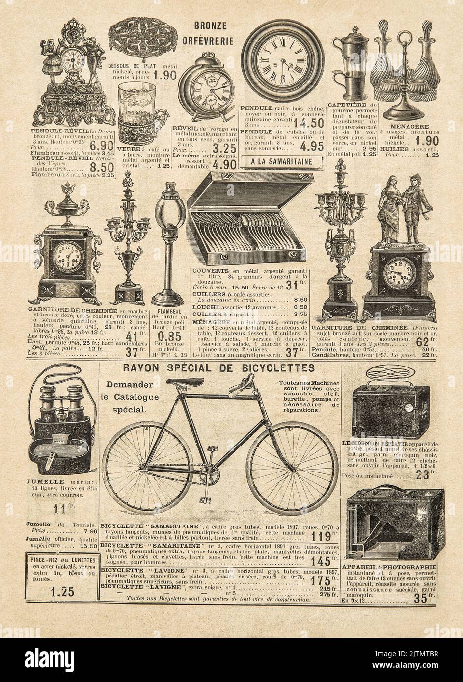Retro shop advertising, page of shopping catalog. Antique objects and collectibles. Paris, France, circa 1897 Stock Photo