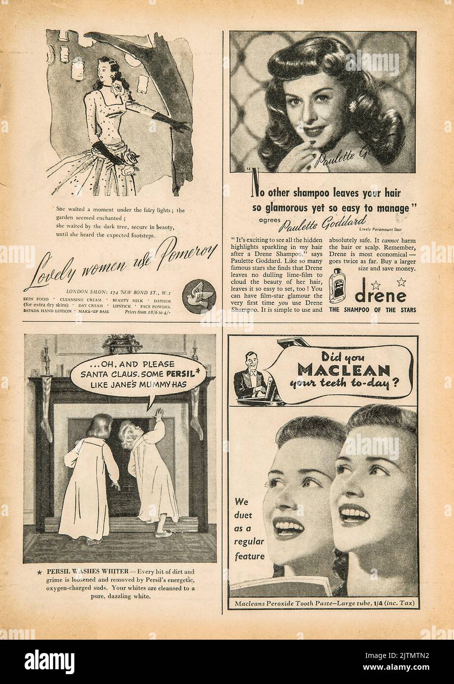 Newspaper page with english text and advertising pictures. Vintage