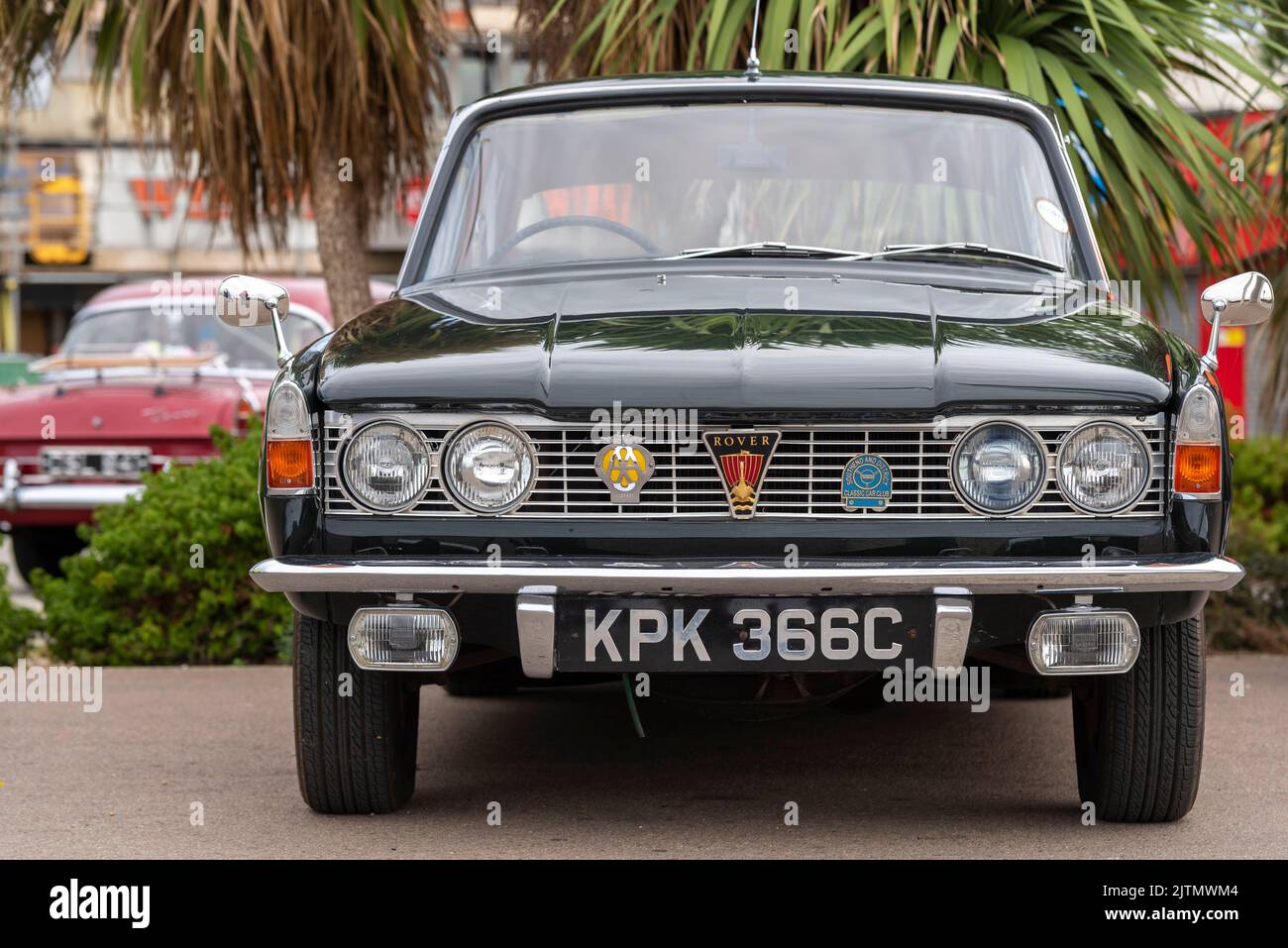 1965 Rover P6, Rover 2000 saloon car on show on Marine Parade, Southend on Sea, Essex, UK. Front grill with vintage AA badge. Rover logo Stock Photo