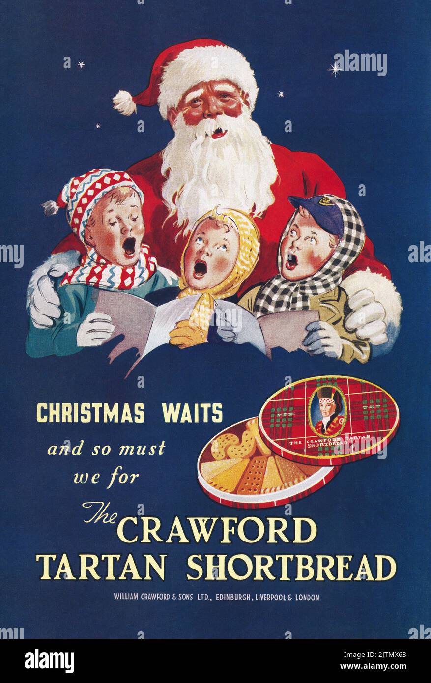 1948 British Christmas advertisement for Crawford Tartan Shortbread biscuits. Stock Photo
