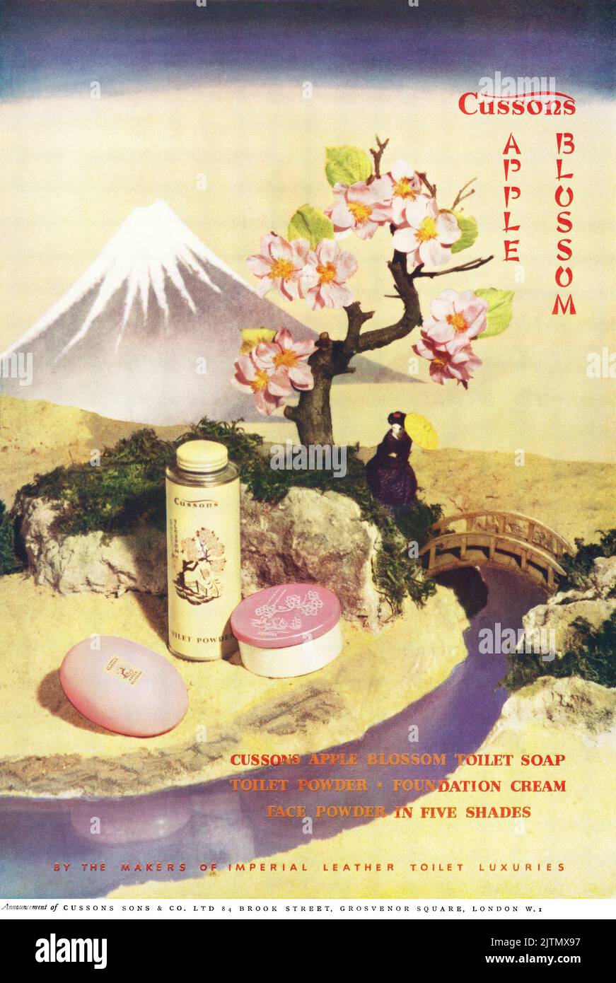 1948 British advertisement for Cussons apple blossom toiletries and cosmetics. Stock Photo