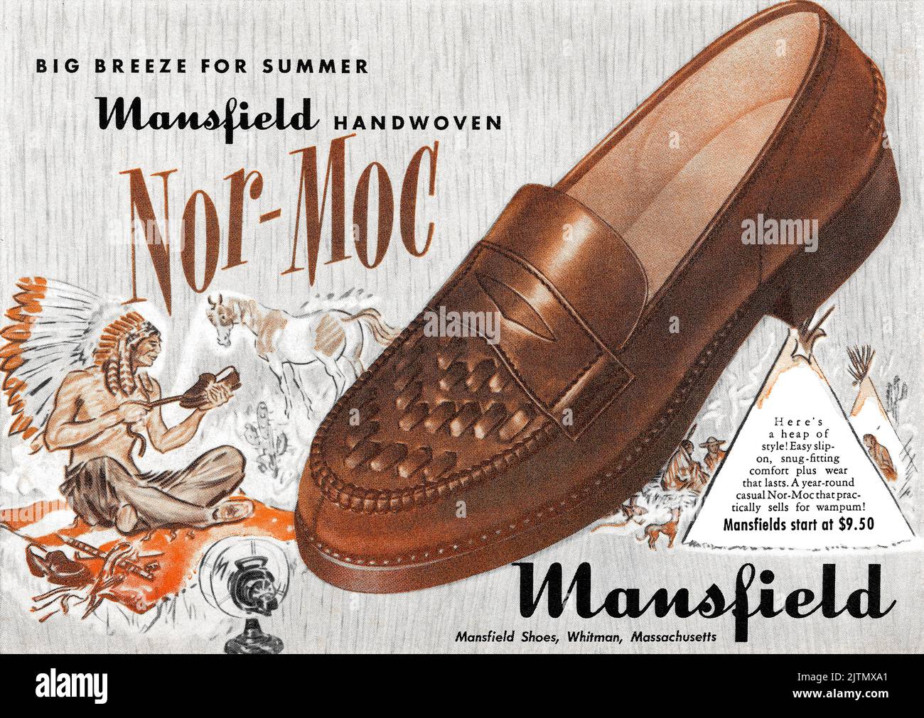 1948 U.S. advertisement for Mansfield Nor-Moc slip-on shoes. Stock Photo