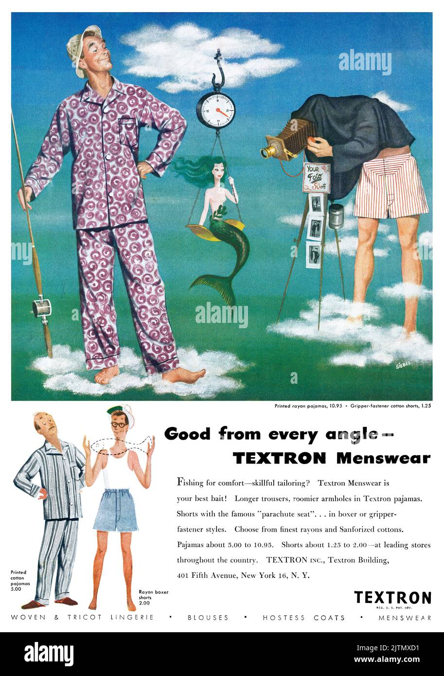 1948 U.S. advertisement for Textron pyjamas and boxer shorts. Stock Photo