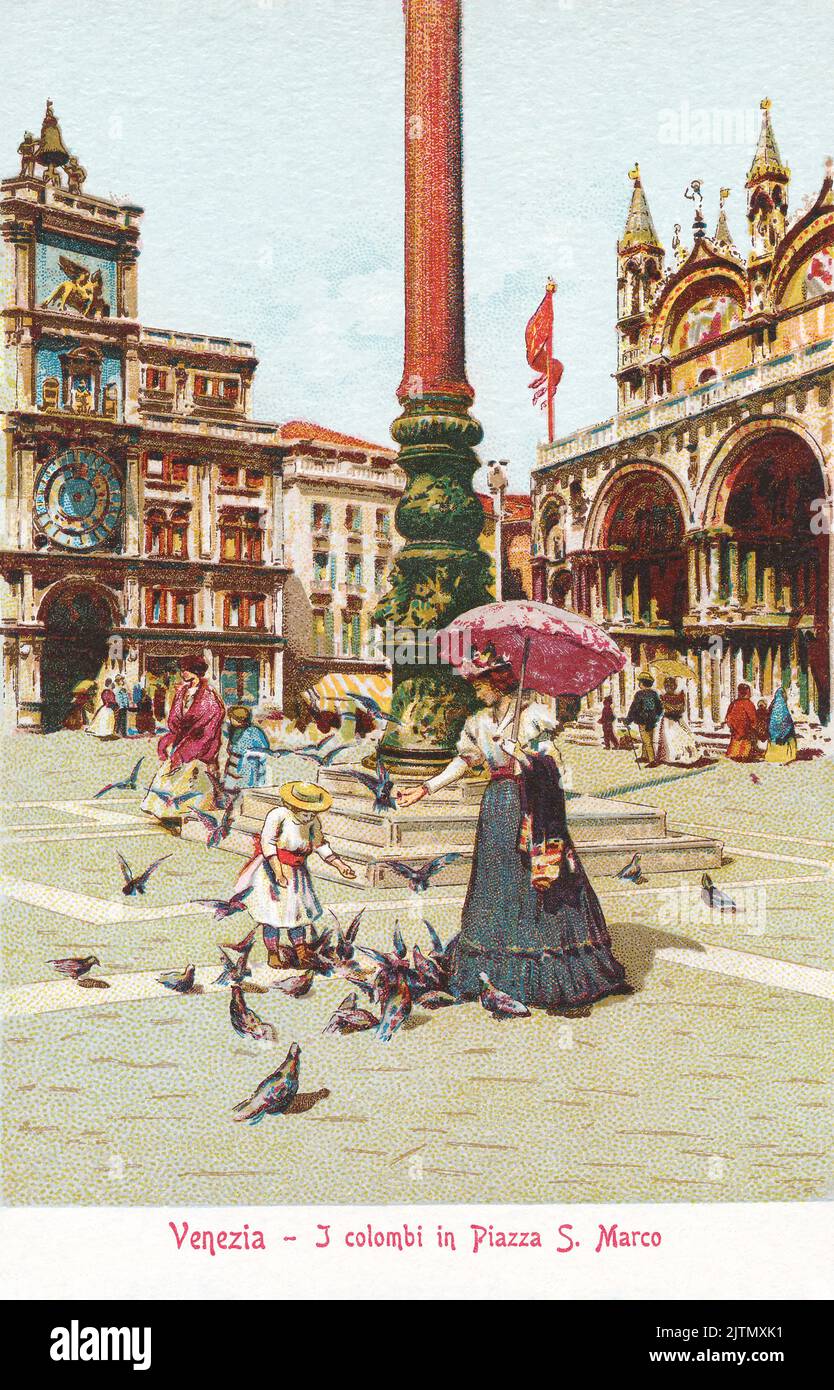 Vintage postcard of an Edwardian woman and young girl in St. Mark's Square, near St. Mark's Basilica in Venice, Italy. Stock Photo