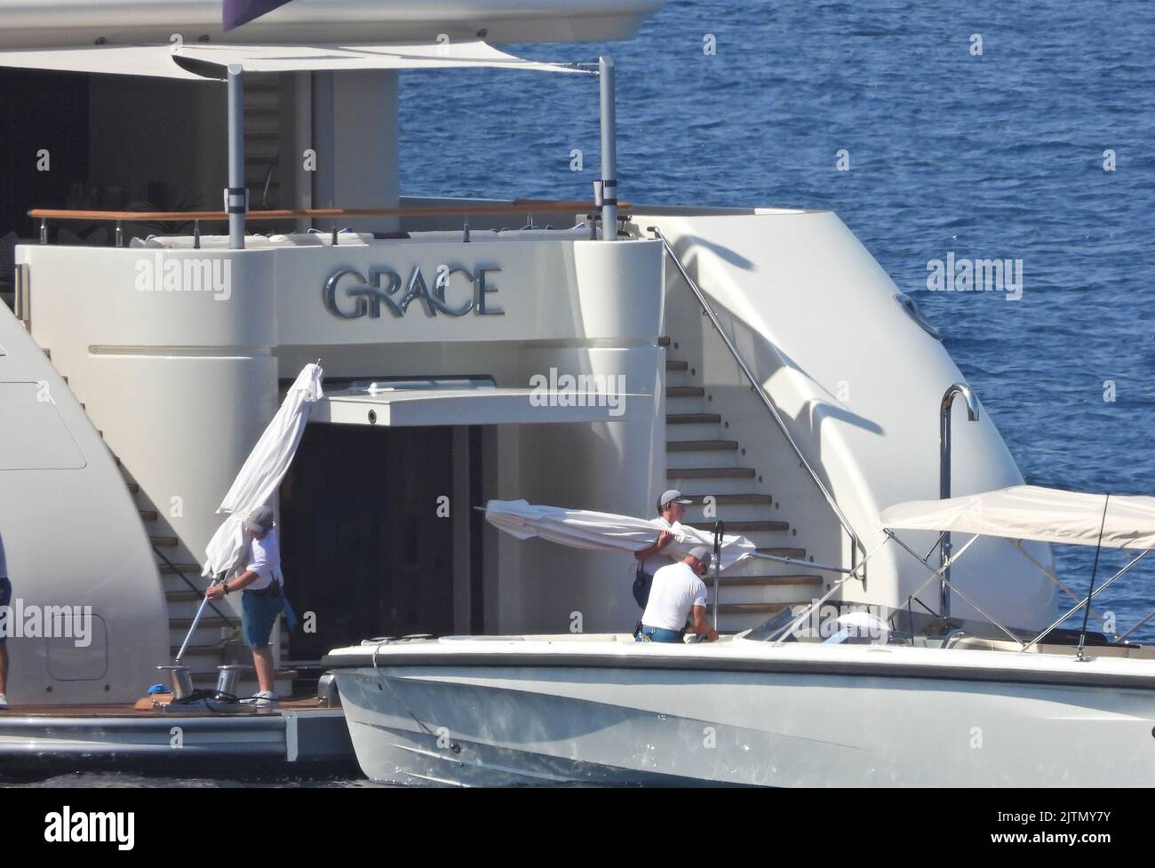 The luxury yacht Grace, 81 meters long, is seen anchored near Vela Luka, Croatia on August, 26, 2022. The value of the yacht is estimated at 129,000,000 Euros. The yacht offers accommodation for 12 guests and 23 crew members. The first owner of the yacht was Russian billionaire Alexander Mamut, but in 2018 it was sold to John Reek, a Briton who was on the list of the 500 richest people in the world.  Photo: Sanjin Strukic/PIXSELL Stock Photo