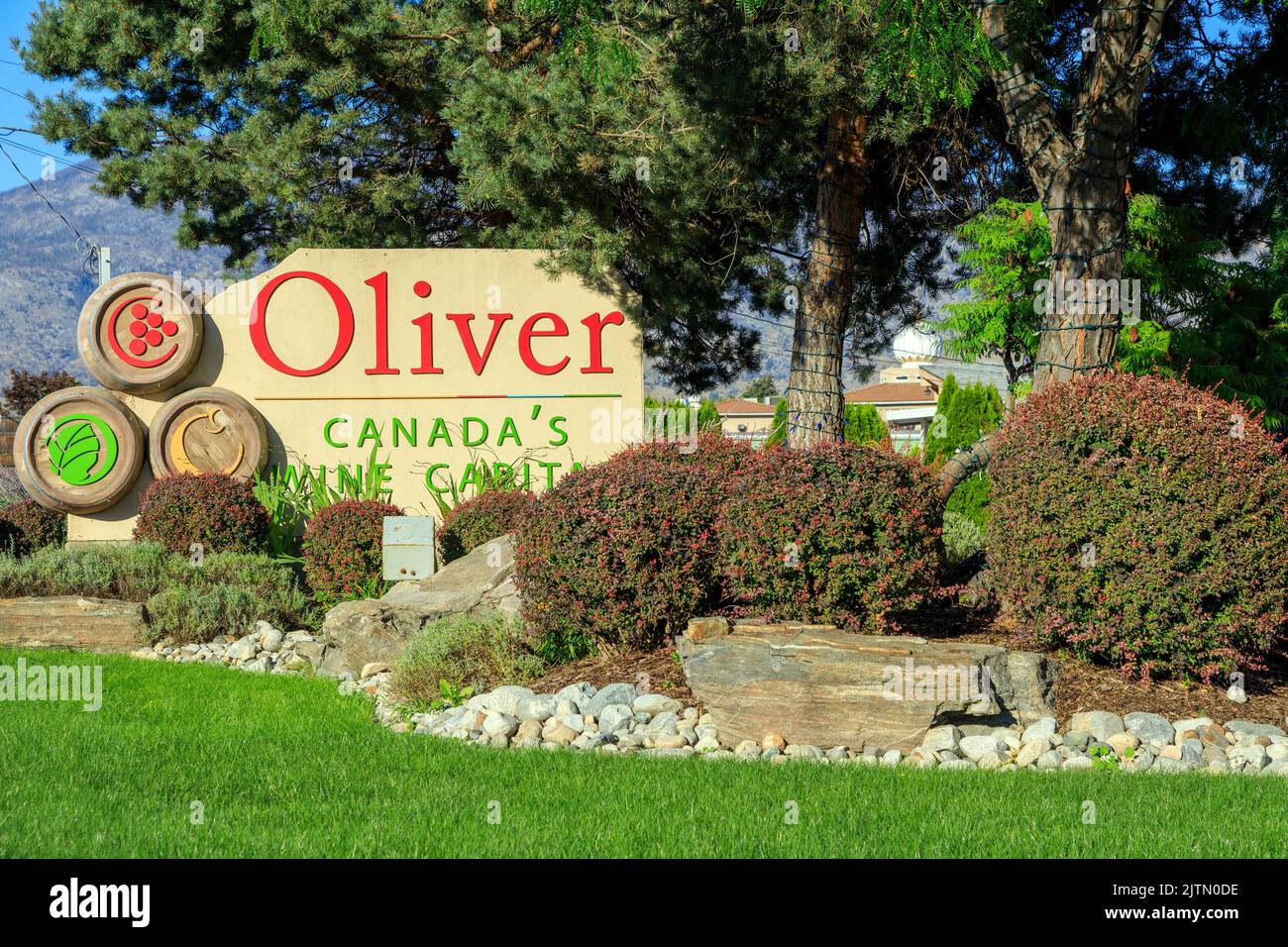Oliver, British Columbia, Canada - August 28, 2022: 'Canada's Wine Capital' sign on Highway 97 at the entrance to the small town of Oliver, British Co Stock Photo