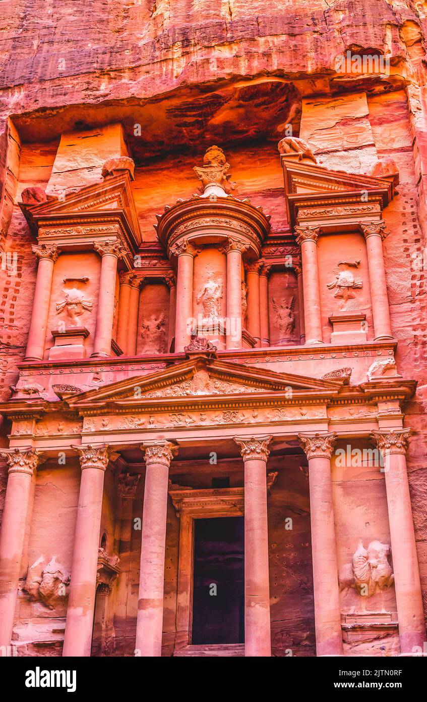 Rose Red Siq Petra Jordan Petra Jordan Built by Nabataens in 100 BC Yellow Treasury in Morning Becomes Rose Red in Afternoon when sun goes down Stock Photo