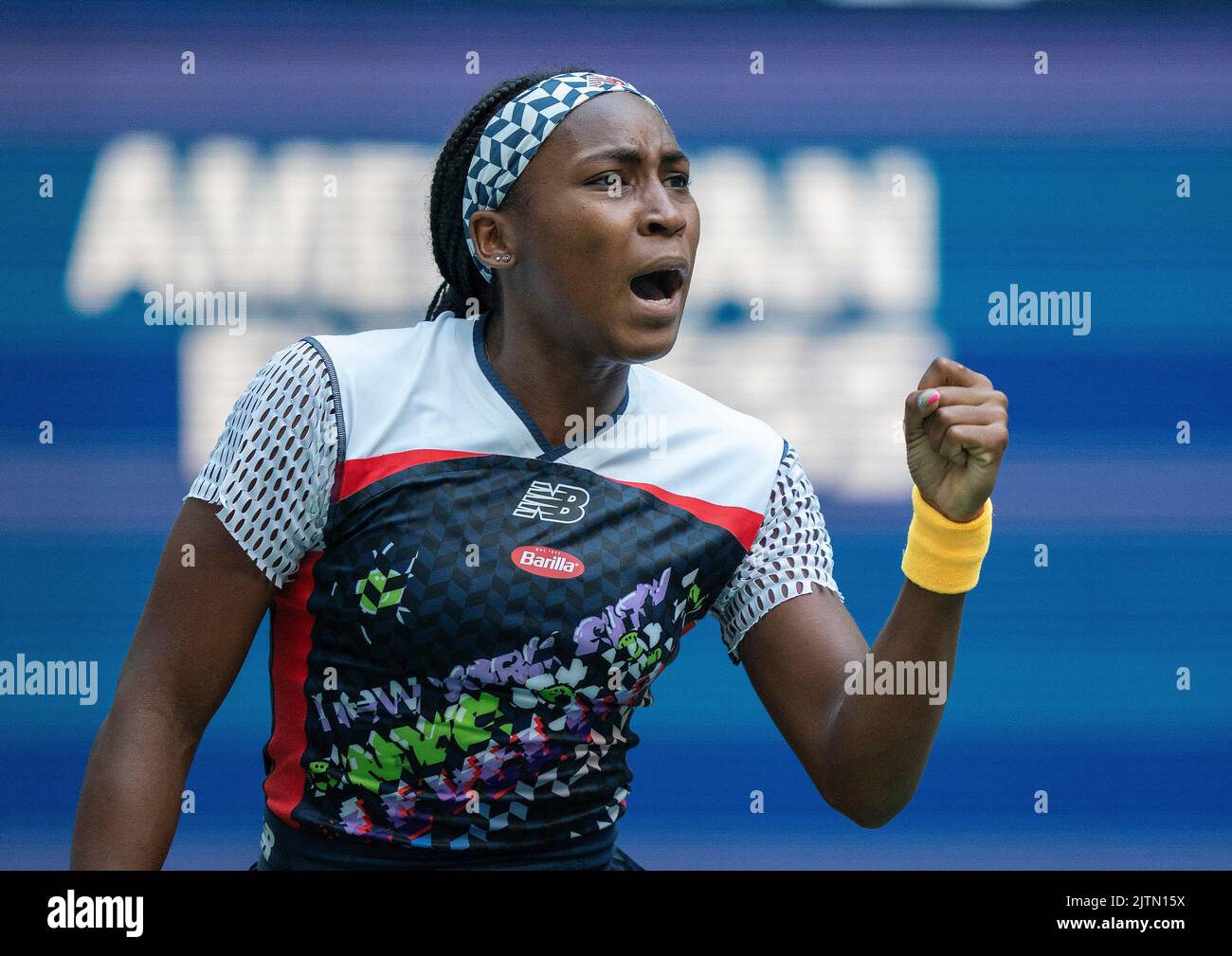 New York, NY, USA; Aug 30, 2022; Coco Gauff (USA) in her match against Elena Gabriela Ruse (ROU