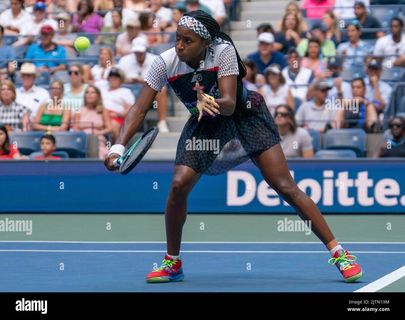 New York, NY, USA; Aug 30, 2022; Coco Gauff (USA) in her match against Elena Gabriela Ruse (ROU
