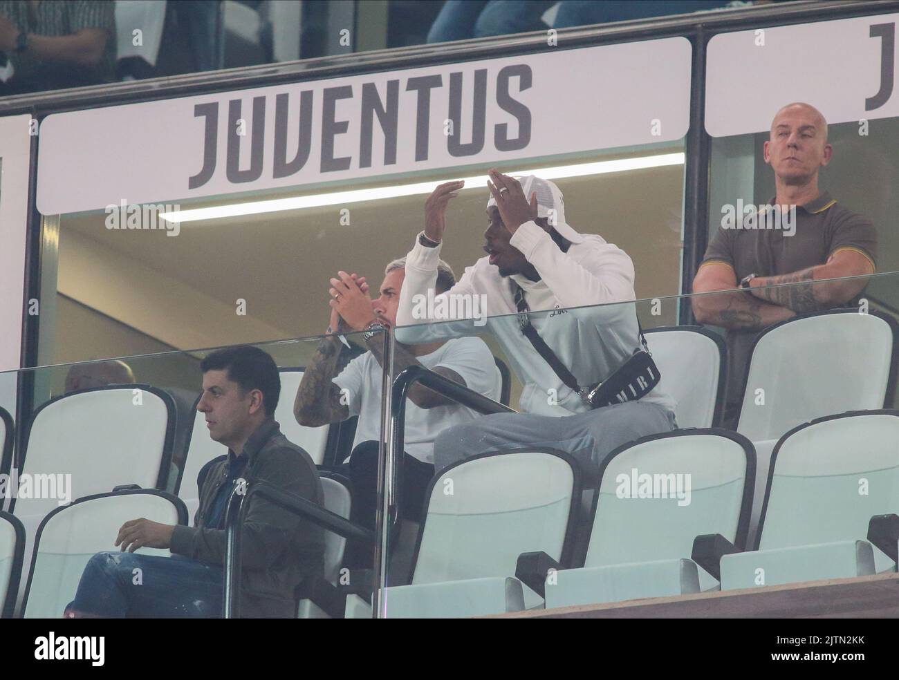 Turin, Italy. August 31, 2022  Leonardo Paredes of Juventus Fc and Paul Pogba of Juventus Fc during the Italian Serie A, football match between Juventus Fc and Spezia Calcio on August 31, 2022 at Allianz Stadium, Turin, Italy. Photo Nderim Kaceli Stock Photo