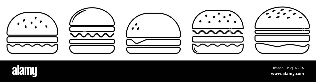 Burger icon set. Linear outline icons. Vector illustration isolated on white background Stock Vector