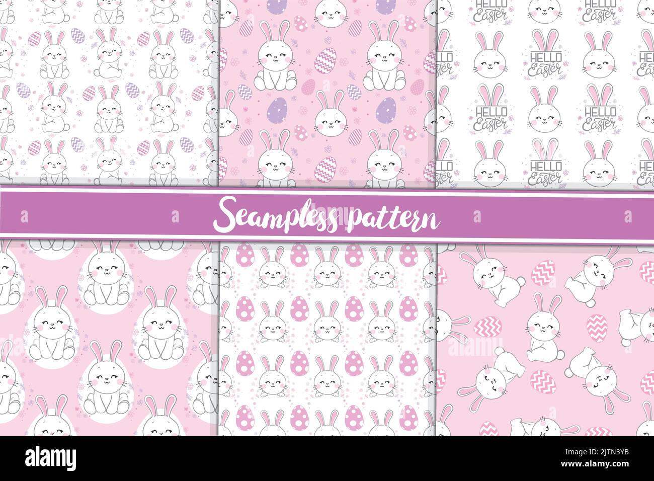 Seamless pattern with daisy garden and rabbits on pink background ...