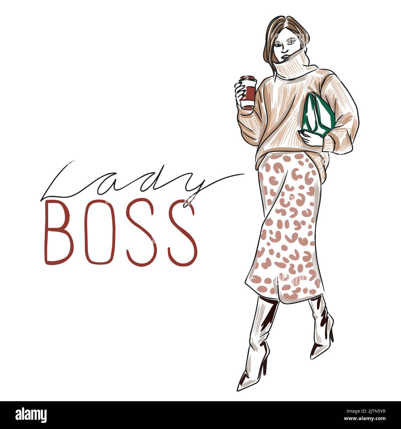 Lady boss, handwritten quotes, full length stylish girl in beautiful clothes and holding coffee, fashion look , doodle Stock Vector