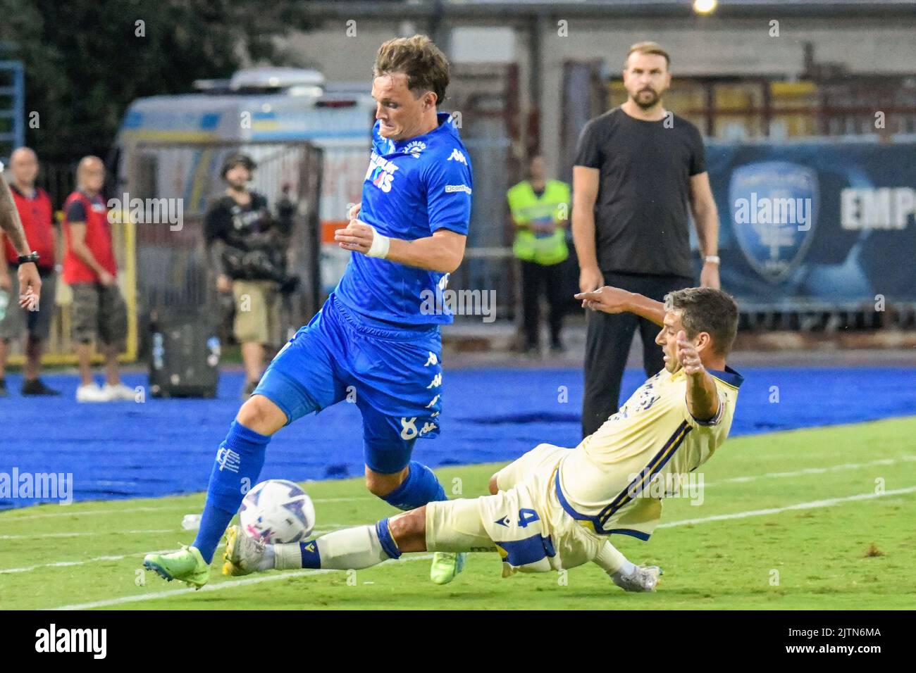 Empoli, Italy. 31st Aug, 2022. Empoliâ&#x80;&#x99;s Liam Henderson is fouled by Hellas Verona's Miguel Pinto Veloso during Empoli FC vs Hellas Verona, italian soccer Serie A match in Empoli, Italy, August 31 2022 Credit: Independent Photo Agency/Alamy Live News Stock Photo