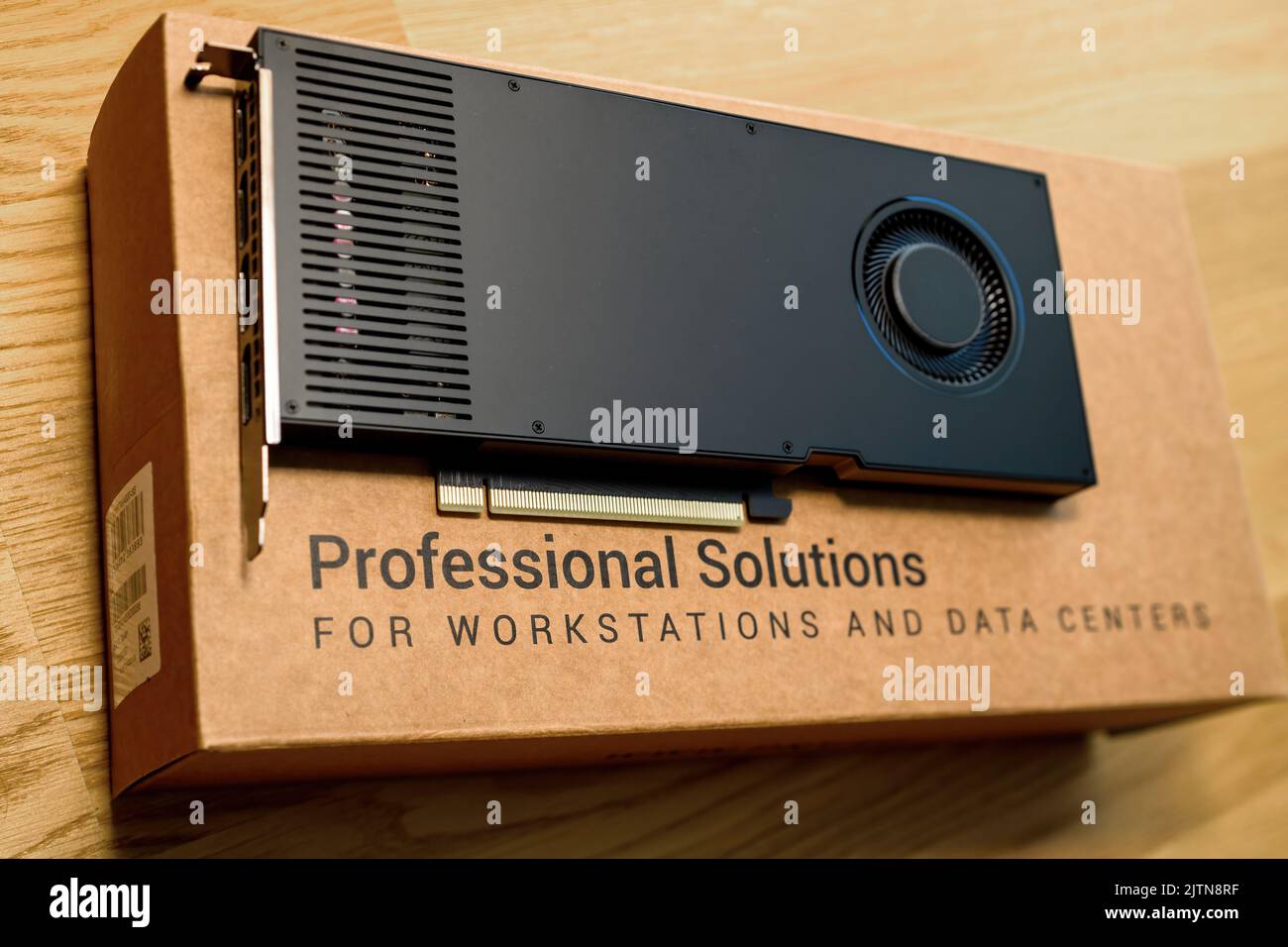 London, United Kingdom - Aug 5, 2022: Unboxing Nvidia RTX A4000 Ampere workstation professional solutions video card GPU for CAD CGI scientific machine learning - most powerful single-slot GPU Stock Photo