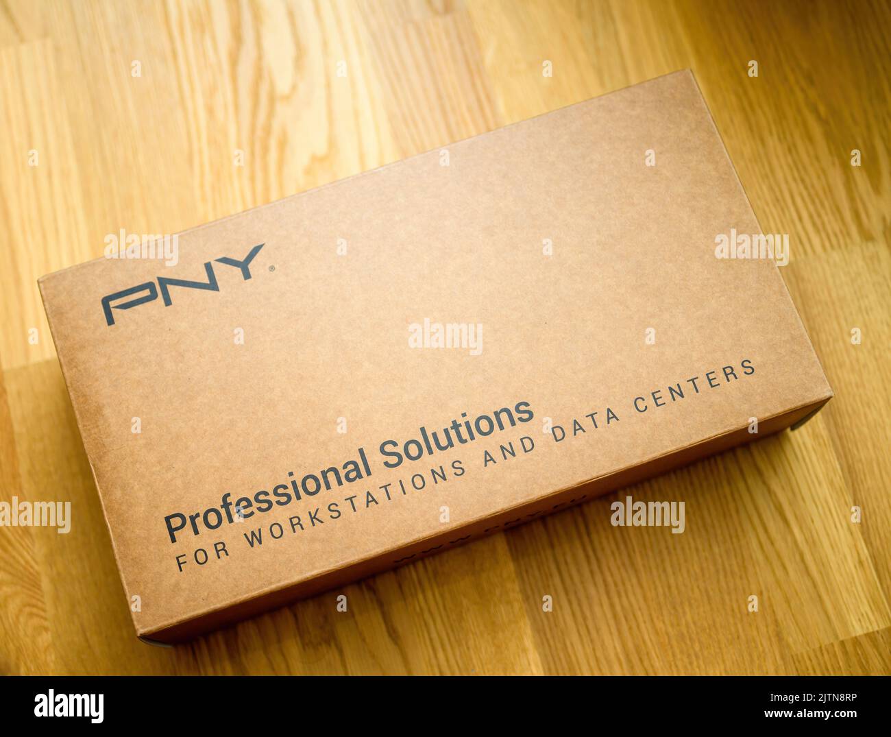 London, United Kingdom - Aug 5, 2022: Cardboard box of new PNY PRofessional Solutions workstation video card GPU for CAD CGI scientific machine learning Stock Photo