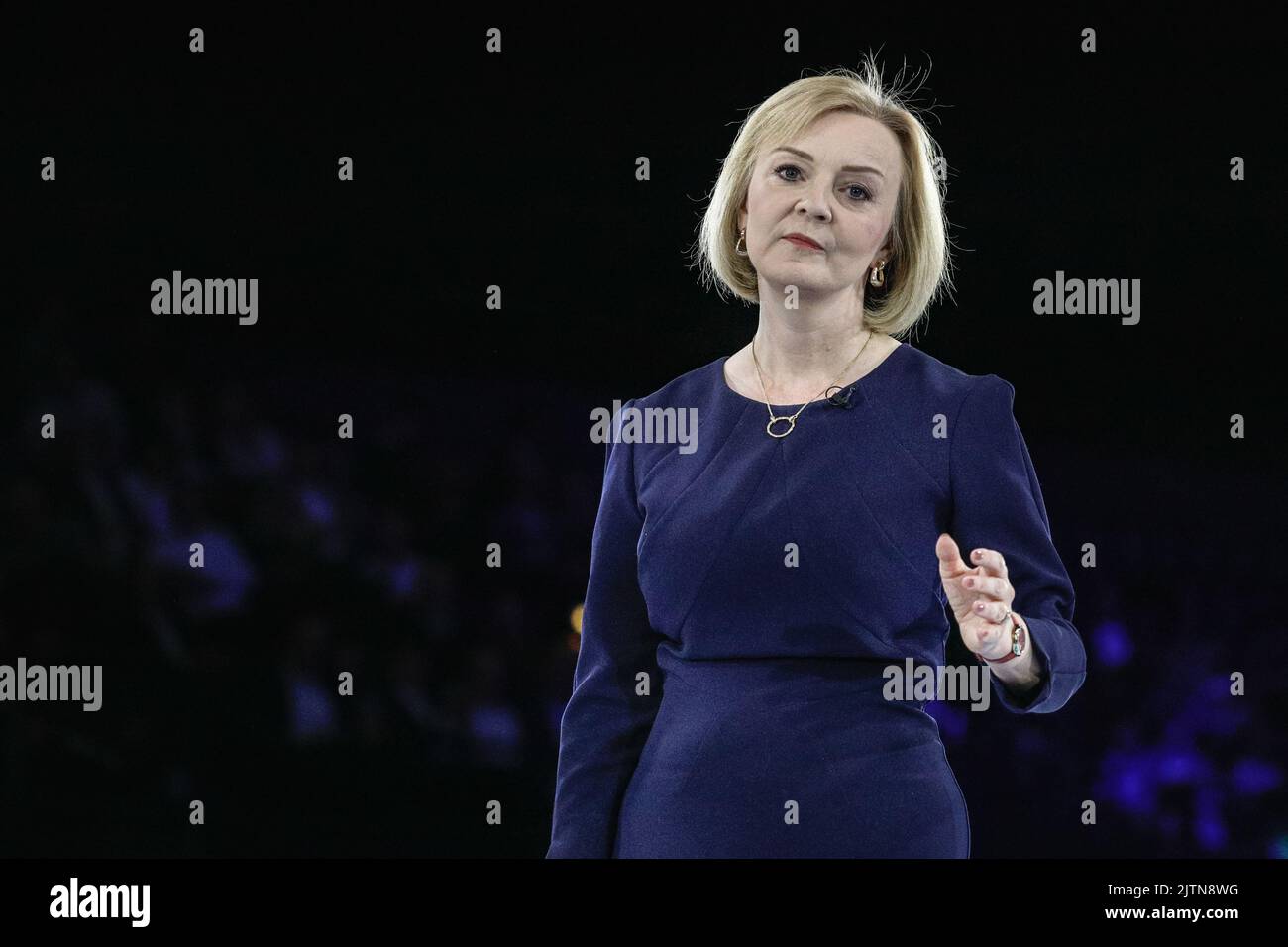London, UK. 31st Aug, 2022. Liz Truss speaks at the final hustings to become British Prime Minister, close up. The final hustings in the Conservative Party leadership race, held at Wembley Arena, sees Liz Truss and Rishi Sunak compete to lead the party and become the next Prime Minister. Credit: Imageplotter/Alamy Live News Stock Photo