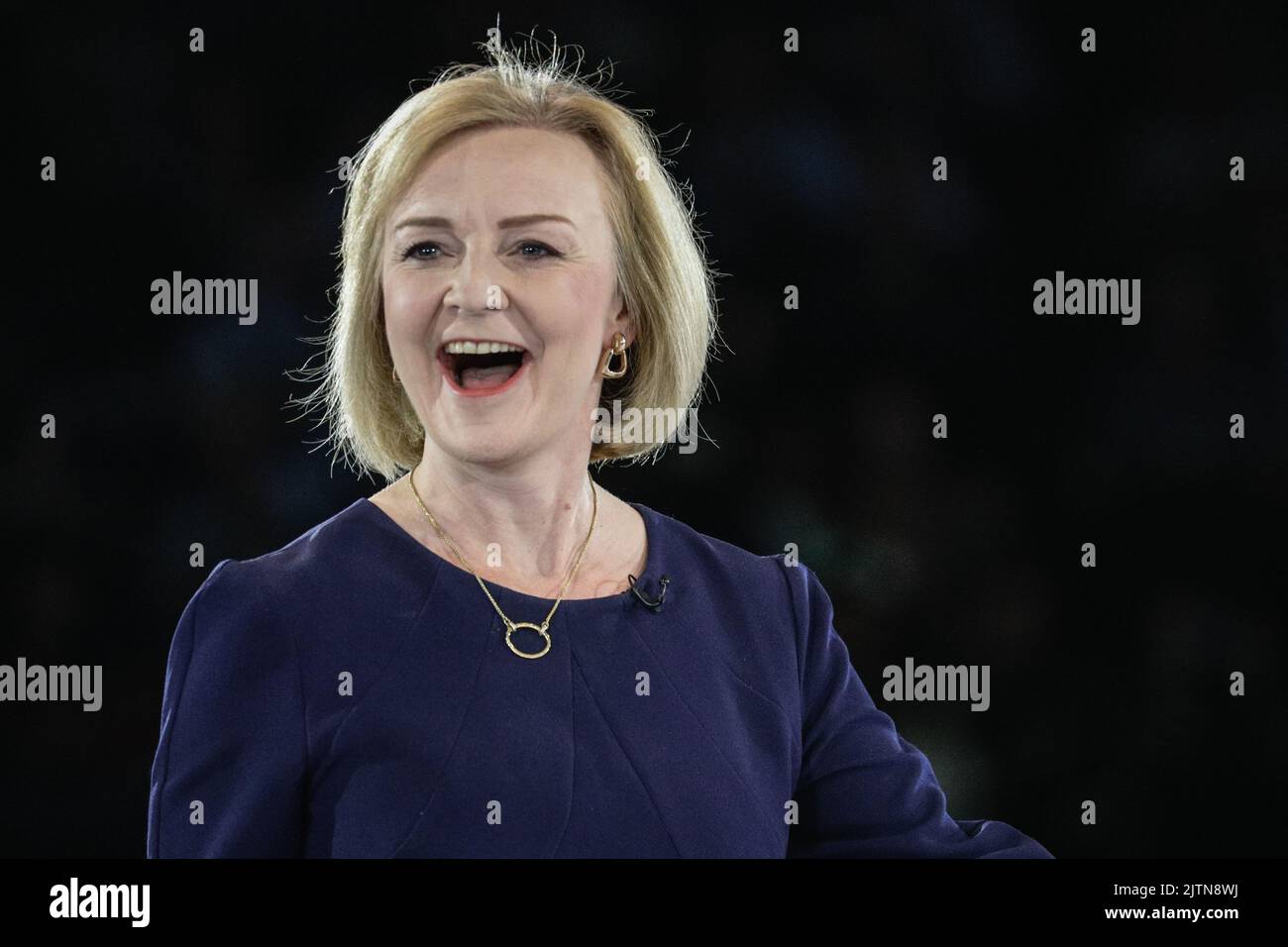 London, UK. 31st Aug, 2022. Liz Truss close up of face, smiling, looks confident. The final hustings in the Conservative Party leadership race, held at Wembley Arena, sees Liz Truss and Rishi Sunak compete to lead the party and become the next Prime Minister. Credit: Imageplotter/Alamy Live News Stock Photo