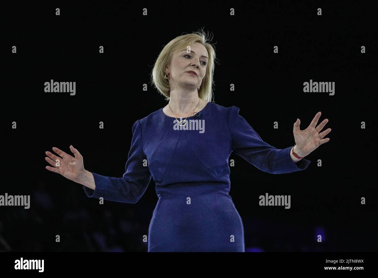 London, UK. 31st Aug, 2022. Liz Truss speaks at the final hustings to become British Prime Minister, close up. The final hustings in the Conservative Party leadership race, held at Wembley Arena, sees Liz Truss and Rishi Sunak compete to lead the party and become the next Prime Minister. Credit: Imageplotter/Alamy Live News Stock Photo