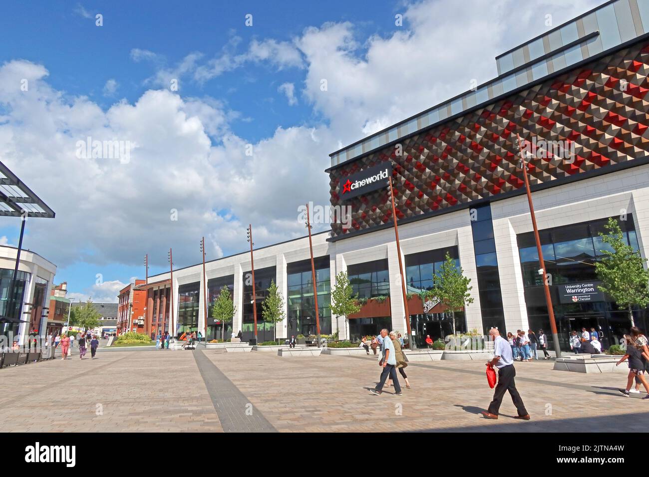 Panorama of Time Square and CineWorld cinema, part of new £142 million mixed use scheme, Bank street, Warrington, Cheshire, England, UK, WA1 2HN Stock Photo