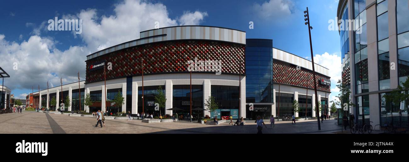 Panorama of Time Square and CineWorld cinema, part of new £142 million mixed use scheme, Bank street, Warrington, Cheshire, England, UK, WA1 2HN Stock Photo