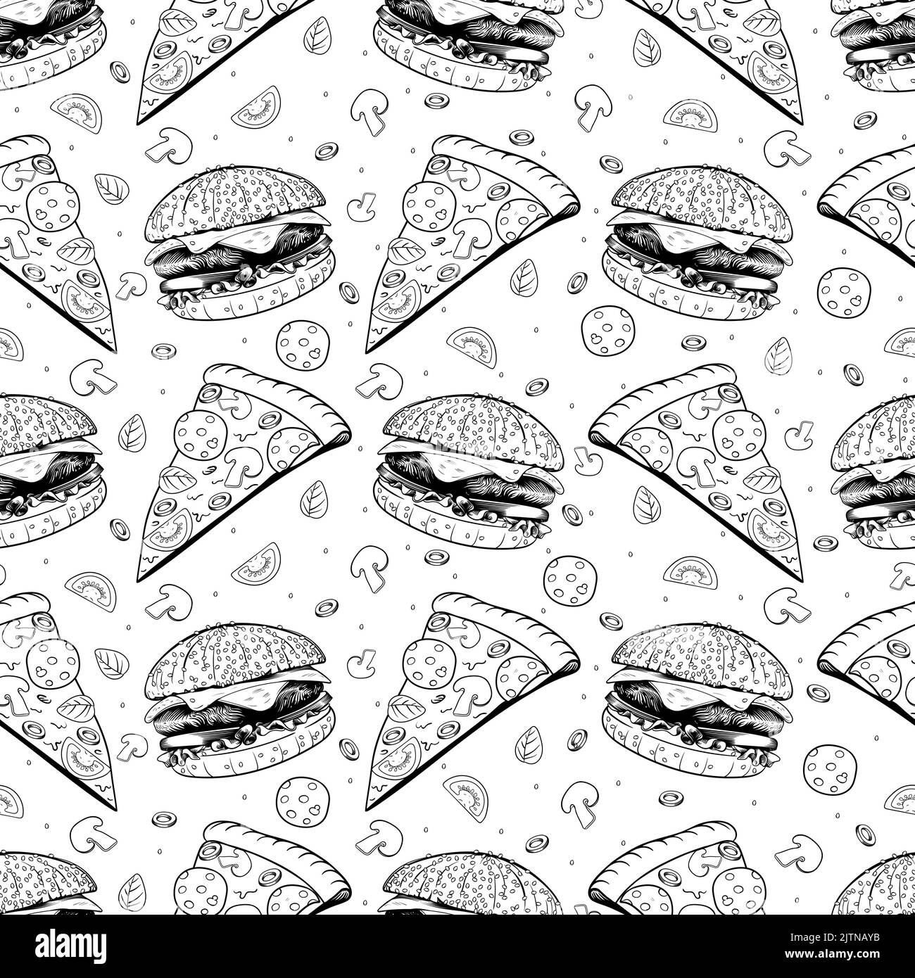 sketch Hamburger and pizza seamless vector pattern. Stock Vector