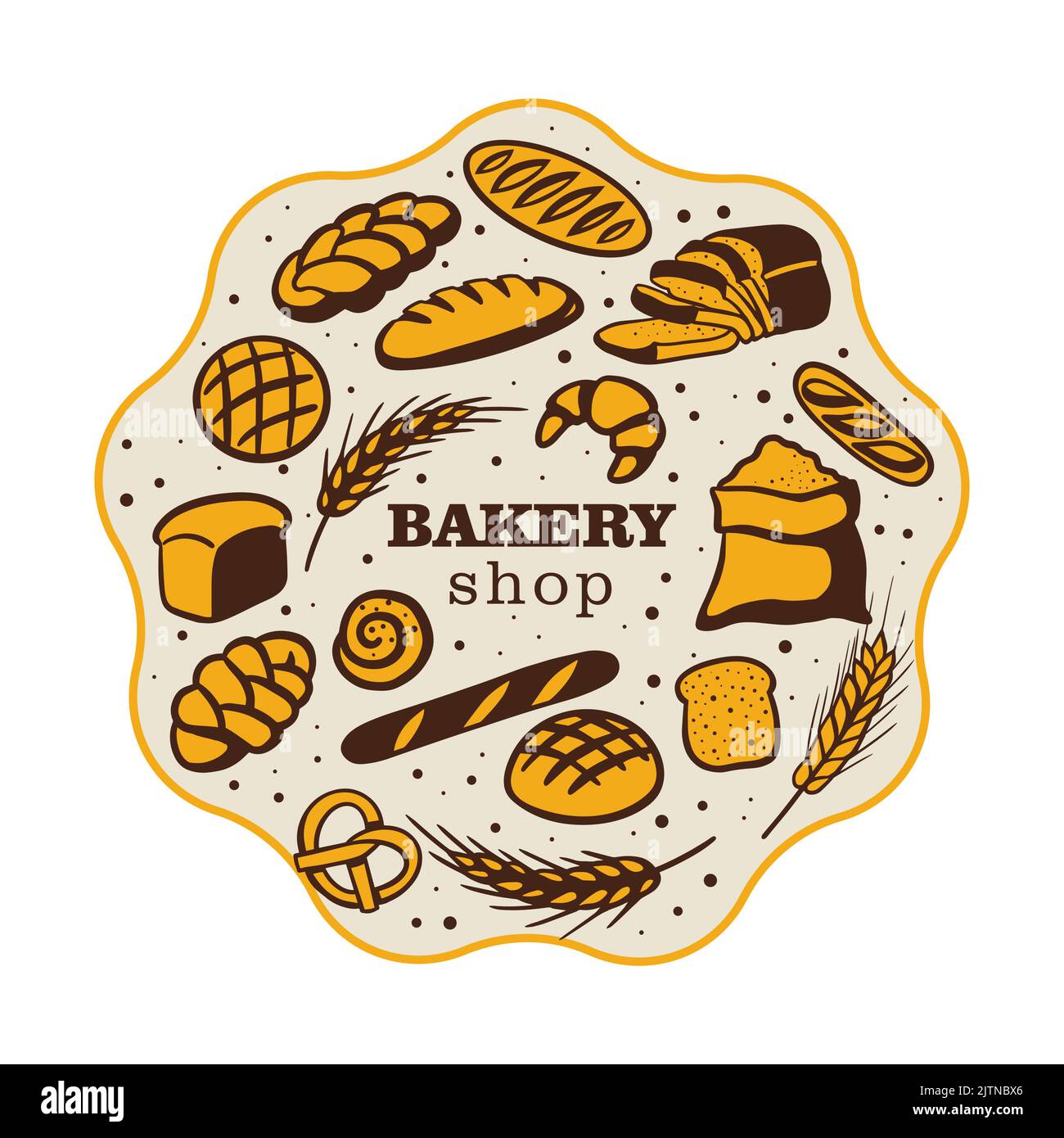 Bakery shop label with different bread and roll. Vector handdrawn