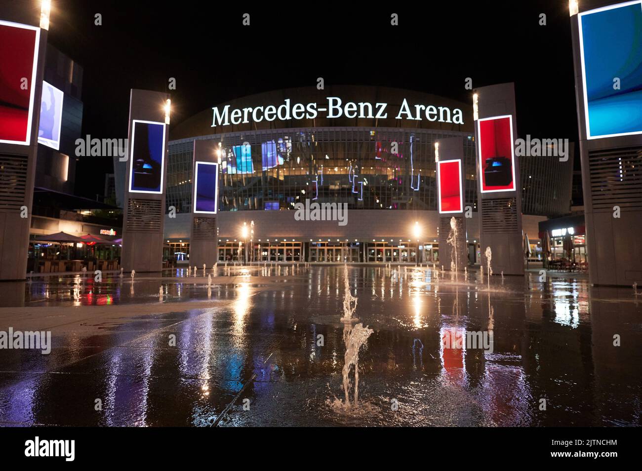 Berlin, Germany. 28th Aug, 2022. Illuminated signs light up Mercedes