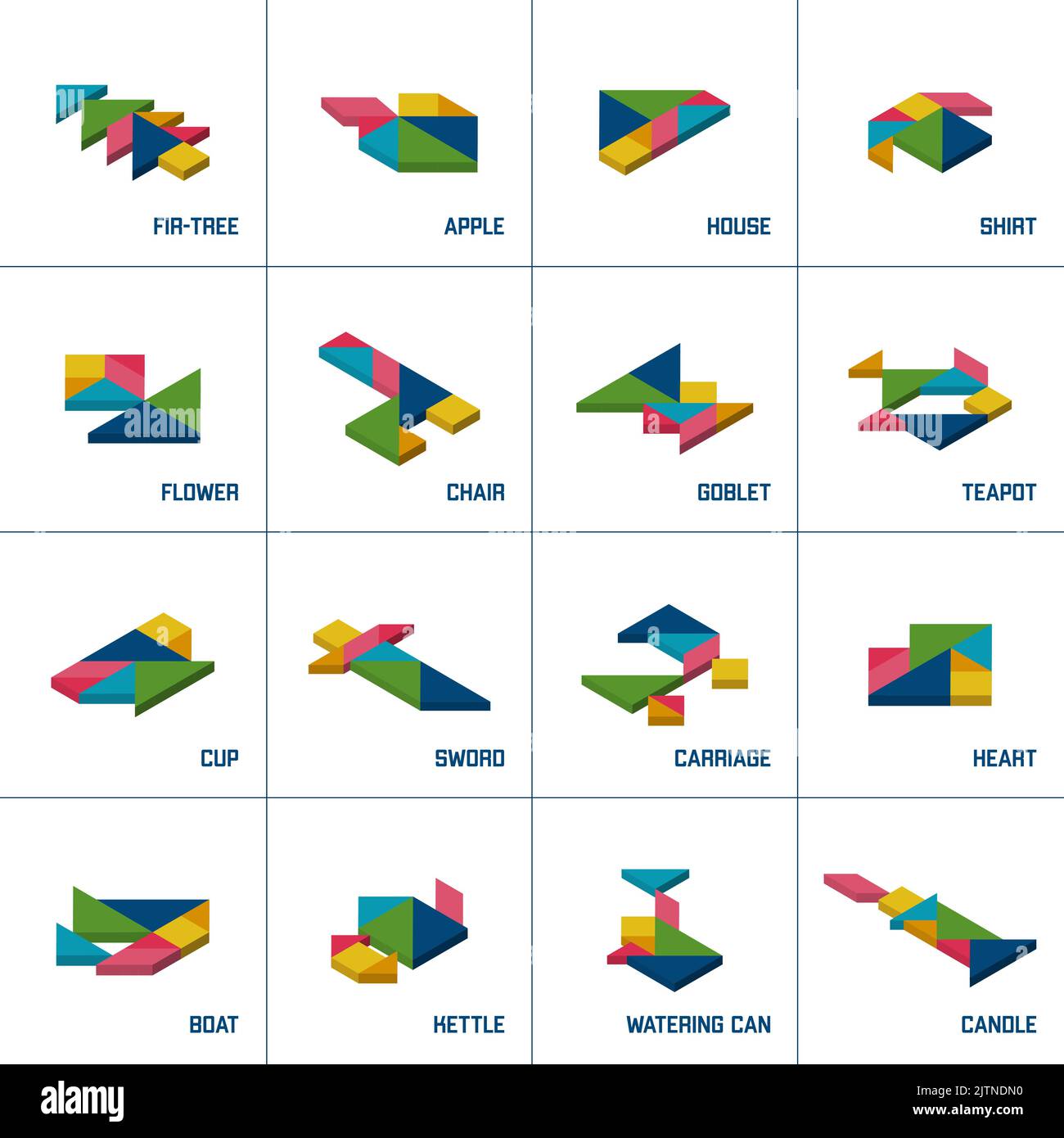 Tangram puzzle. Set of tangram isometric objects. Stock Vector