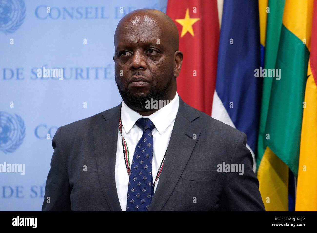 Ambassador Martin Kimani permanent representative of Kenya to the United Nantions updates the press ahead of the Security Council Arria-formula meeting on threats to the international peace and security at the United Nations Headquarters on August 31, 2022 in New York City, USA. Updates about finding soutions to humanitarian aid in a climate of terrorism and the importance of keeping ahead of the terrorists technological prowess were discussed. The importance of ways of updating social media platforms was on the agenda. Photo by John Lamparski/SIPA USA) Stock Photo