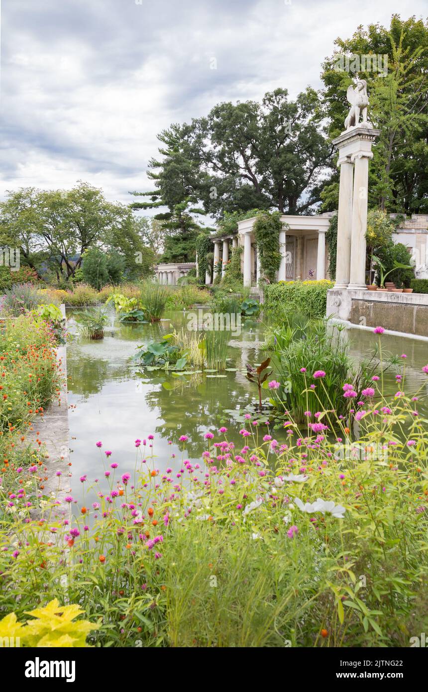 Beautiful gardens and fountains inside the walled garden at Untermyer Park in Yonkers, NY Stock