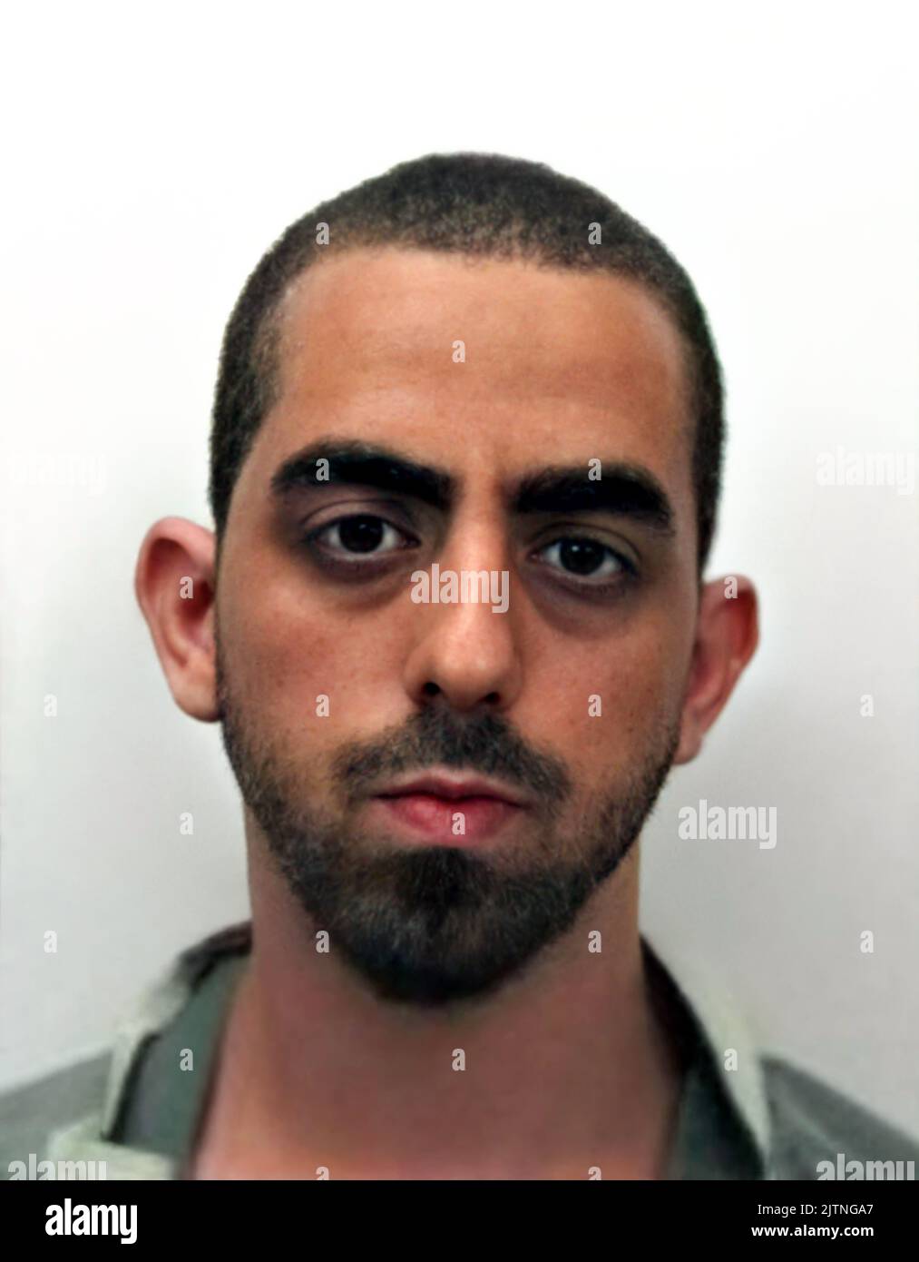 2022 , 12 august , Chautauqua , New York , USA : Mugshot of Hezbollah american HADI MATAR , 24-year-old Californian born , from Fairview , New Jersey . Unknown photographer of Police Station of Chautauqua , New York State . Attempted murder of the famous writer Sir Salman Rushdie ( aged 75 ), obeying the Fatwa launched by Imam Khomeini in 1989 with the death sentence of Rushdie after the publication of his book ' The Satanic Verses ', considered highly blasphemous towards the Islamic religion and the prophet Mohammed .- MUGSHOT - Mug Shot - Mug-Shot  - OUTLAWS - KILLER - ASSASSINO - delinquent Stock Photo