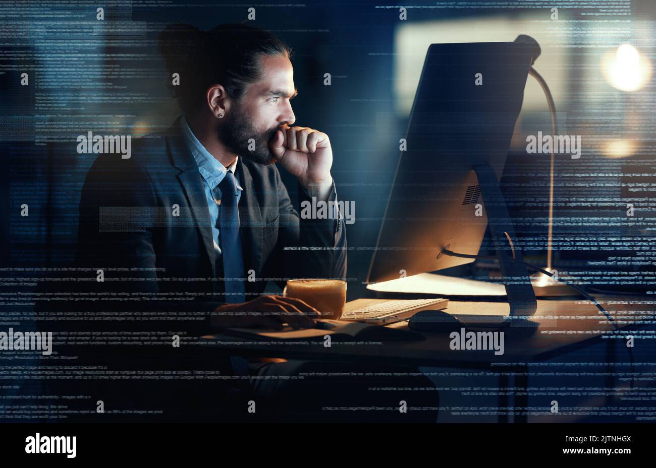 Big data, tech coding of a fintech programmer writing futuristic technology code on computer at night. AI engineer, cloud computing and ux design of Stock Photo