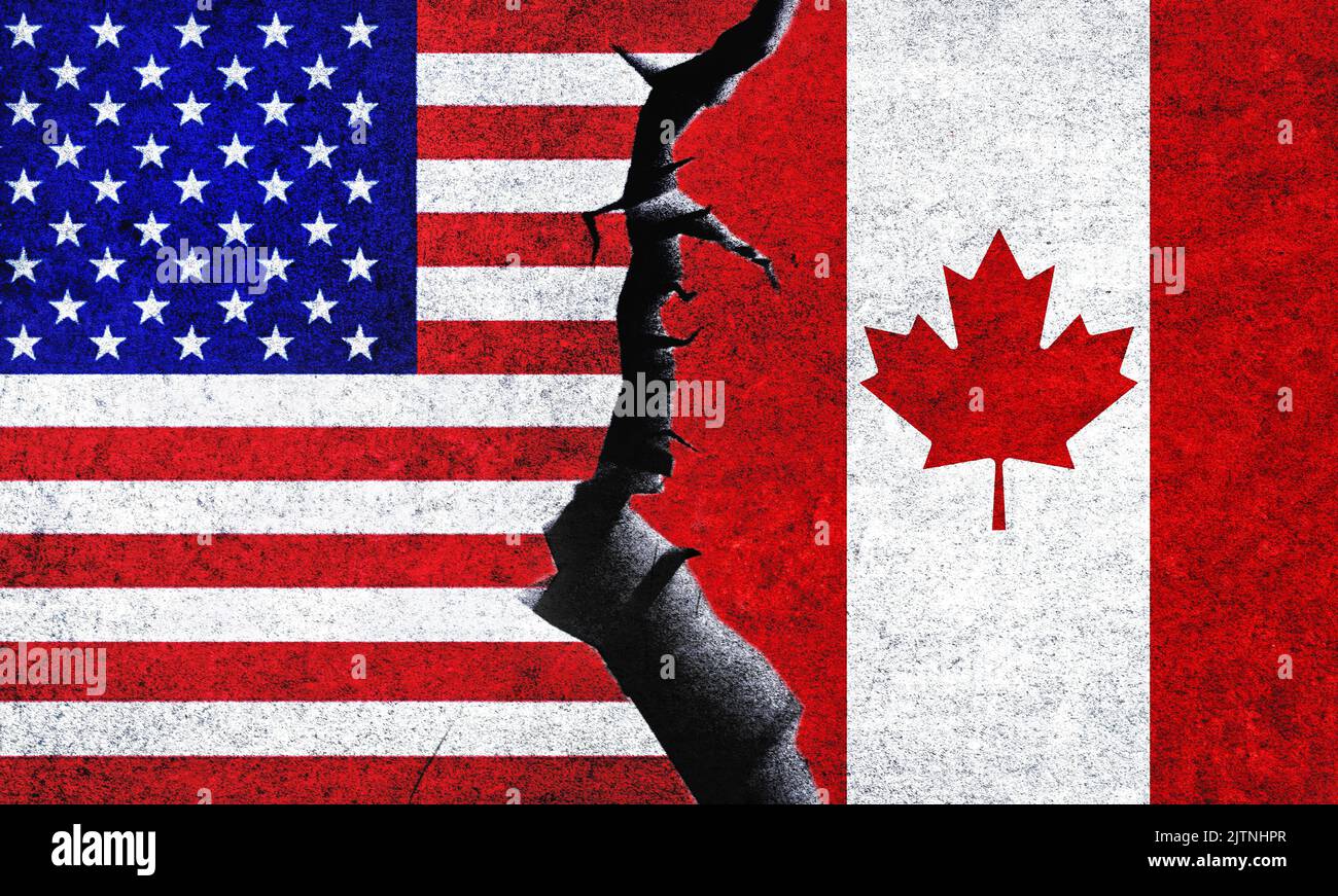 USA vs Canada flags on a wall with a crack. Canada and United States of