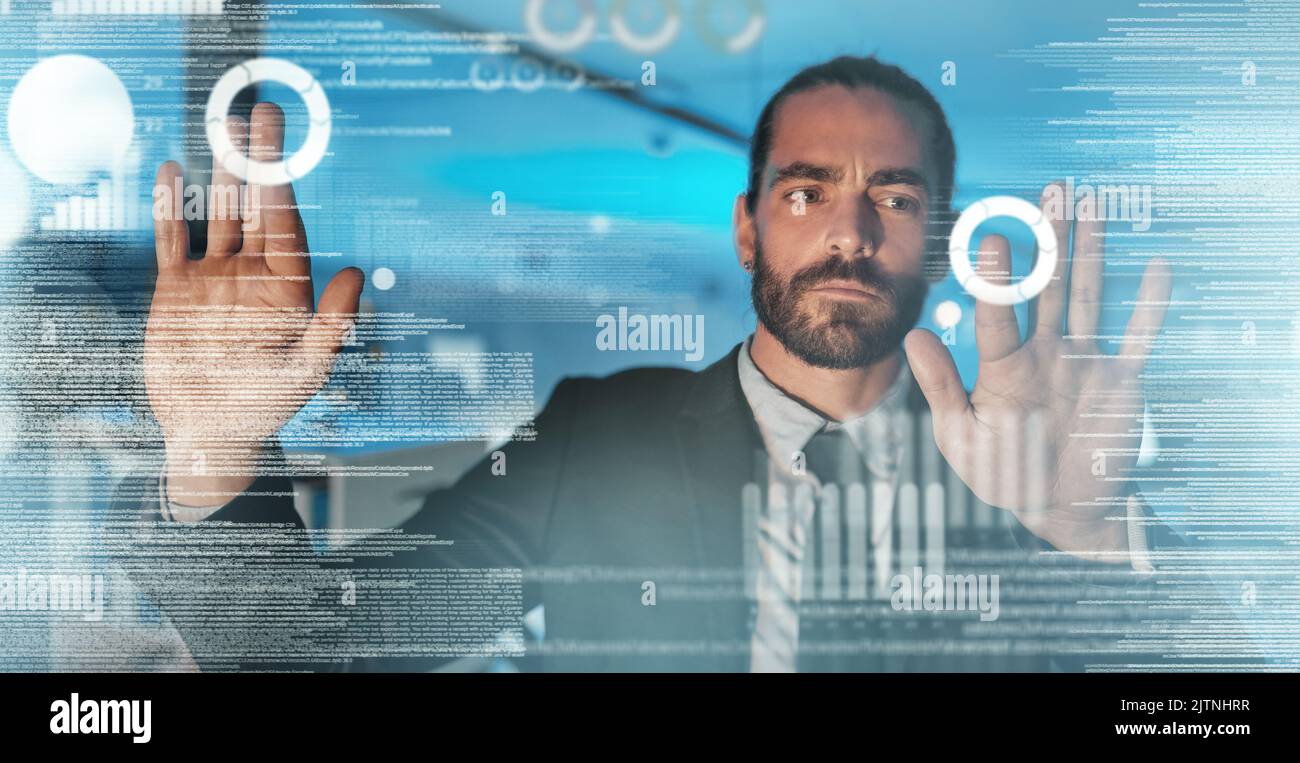 Software designer, futuristic engineer and big data programmer working on erp and information technology. Creative, cyber security and man reading web Stock Photo