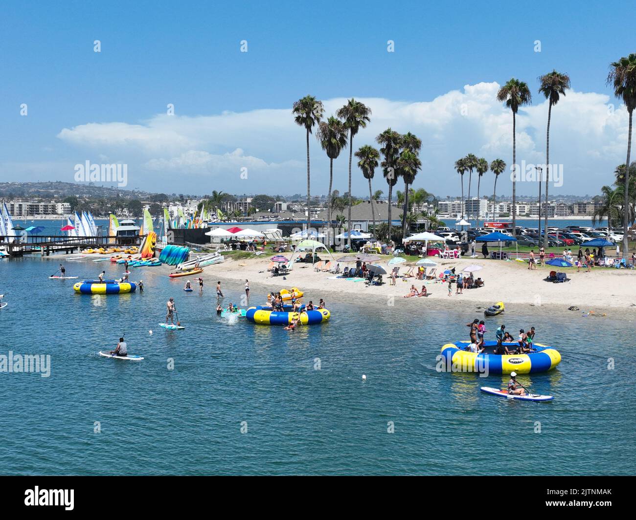Aerial view of boats and kayaks in Mission Bay water sports zone in San