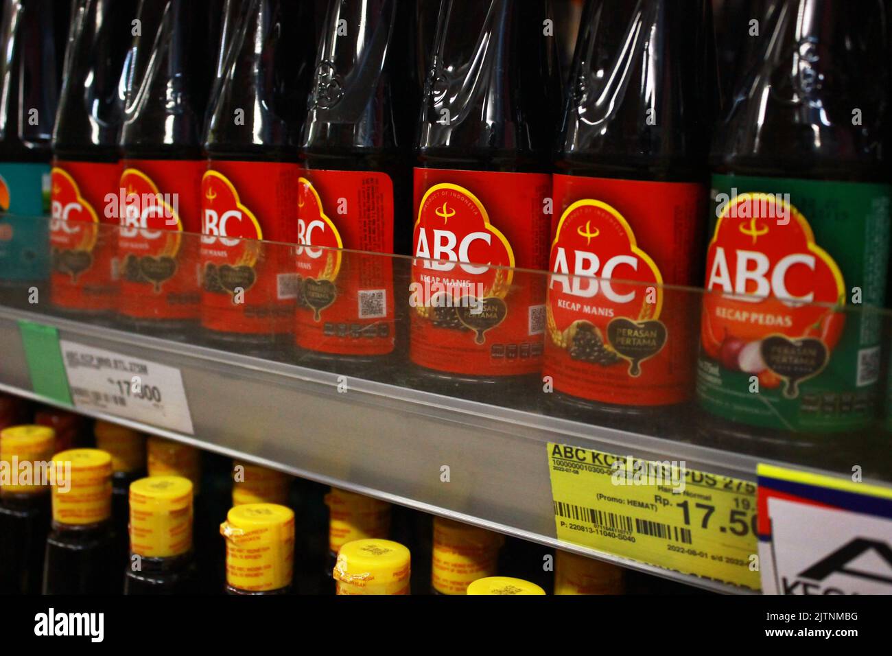 Sweet Soy Sauce Arranged on the Rack inside supermarket for Sale Stock Photo