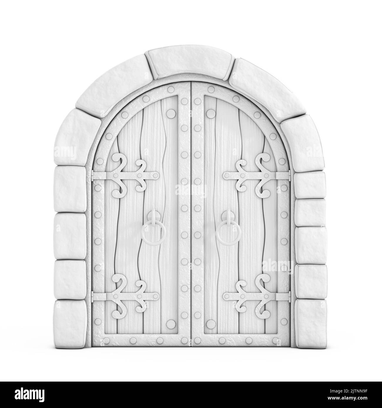 White Medieval Arch Closed Castle Gate in Clay Style on a white