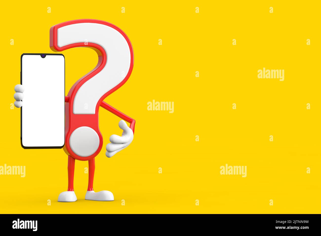Question Mark Sign Cartoon Character Person Mascot and Modern Mobile Phone with Blank Screen for Your Design on a yellow background. 3d Rendering Stock Photo