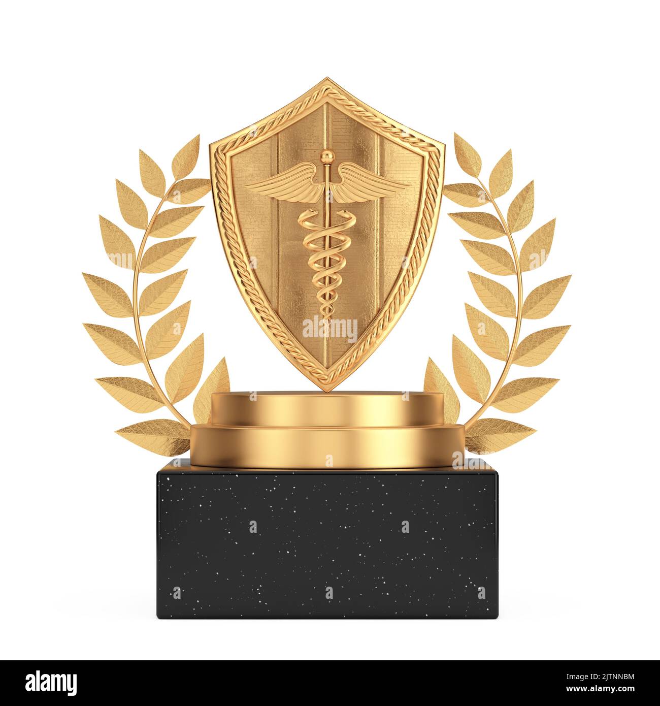 Winner Award Cube Gold Laurel Wreath Podium, Stage or Pedestal with Golden Medieval Viking Warrior Shield and Golden Medical Caduceus Symbol on a whit Stock Photo