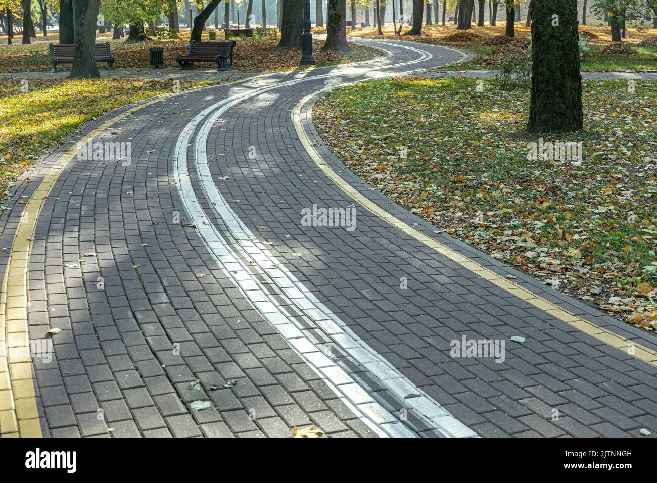 autumn park landscape with winding bicycle lane. park scenery in morning sunlight. Stock Photo