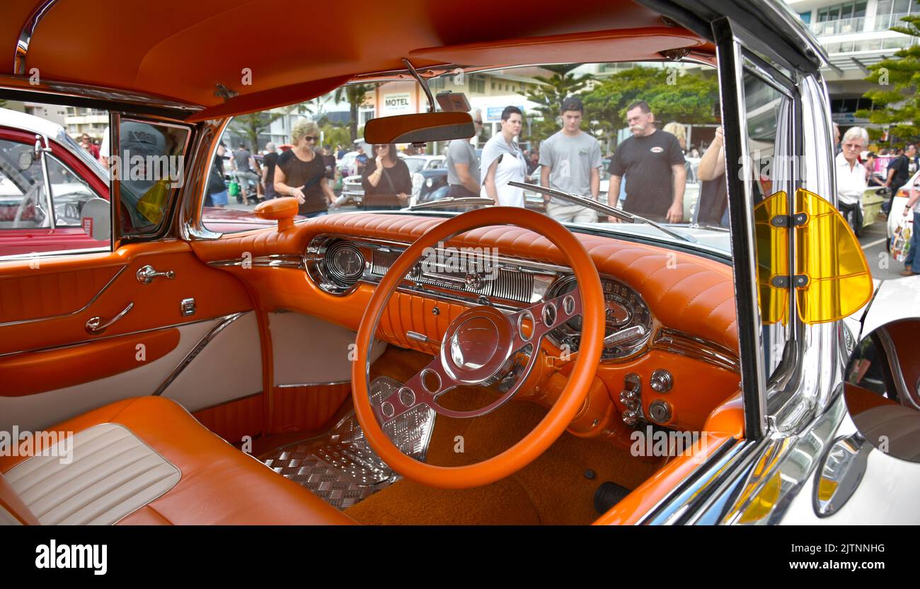 1956 Orange Oldsmobile ninety-eight Coupe at the Cooly Rocks On retro Festival at Coolangatta in the Gold Coast, Queensland, Australia Stock Photo